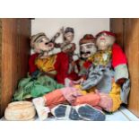 Three large Burmese puppets with glass eyes and talking mouth, in traditional costume and