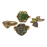Four 9ct yellow gold dress rings, set with various coloured faceted gem stones, including peridot,