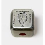 A 2021 Solomon Islands $5 Two-Ounce Dice coin, Ag .999, brushed finish with colour detailing, 18mm
