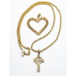 A 14ct yellow gold open-heart pendant, a 14ct gold Celtic cross, and a 14ct gold rope chain (af),