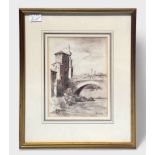 A pair of architectural studies depicting the Tiber river, Rome, with bridges and buildings, one