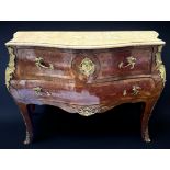 A French walnut parquetry bombe commode chest with marble top, with gilt-brass mounts, 117cm wide