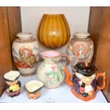 A pair of Japanese Satsuma pottery vases, together with a 19th century majolica pottery jug, three-