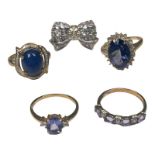 Five various 9ct gold dress rings, all set with blue and white stones, including 2 x cluster