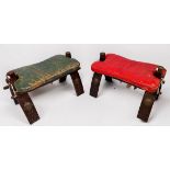 Two various Egyptian Camel stools with wooden frames and leather cushion (one red, one green)