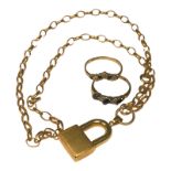 A 9ct yellow gold belcher necklace, with gold padlock, together with two 9ct gold sapphire and