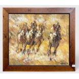 Arial. 20th century, Kentucky Derby on the final turn, signed, oil and pallete knife on canvas,