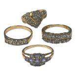 Four various 9ct yellow gold dress rings, all set with faceted tanzanite stones, total weight 11.3