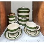 A 'Cloverleaf' pottery green-striped bread crock and cover, together with a matching coffee