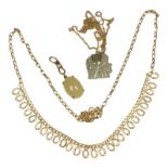 A 9ct yellow gold necklace, together with a jade elephant pendant, and an oval cabochon shaped