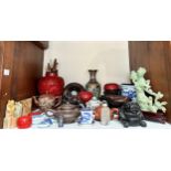 A good quantity of Oriental collectables including cinnabar lacquer, cloisonne, porcelain,