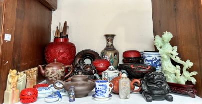 A good quantity of Oriental collectables including cinnabar lacquer, cloisonne, porcelain,