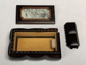 A Japanese Rosewood pocket Mushi (insect) box, of rectangular form with landcaped bone panel to