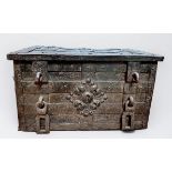 A 17th century iron and iron bound strong box or 'Armada' chest of rectangular form, bound in