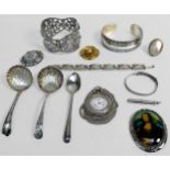 A small collection of assorted silver including a .935 grade open-face fob watch, an Old Masters