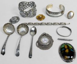 A small collection of assorted silver including a .935 grade open-face fob watch, an Old Masters