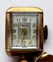 A 14ct gold lapel/brooch watch by Crosby, the silver and white dial with Arabic numerals denoting