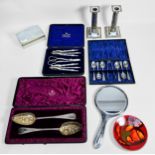 A small collection of assorted silver and silver-plated wares comprising a cased pair of berry