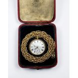 An 18ct gold cased open-face fob watch, the white enamel dial with Roman numerals denoting hours and