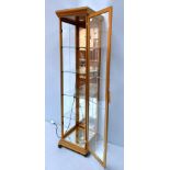 A contemporary gold coloured tall, bevelled glass display cabinet, with single door enclosing four