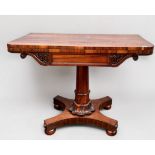 A William IV rosewood folding card table, with red playing baize, scrolled decoration to frieze