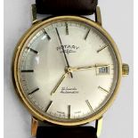 A gents 9ct gold Rotary automatic wristwatch, the silvered dial with applied gilt batons denoting