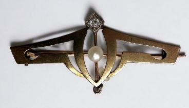 A 15ct gold 'Jugendstil' diamond and seed-pearl brooch, of stylised insect design, 2.49g, 40mm