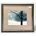 Five various paintings including two winter country landscape studies with trees and fields, one