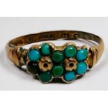 A 15ct yellow gold Victorian dress ring, set with 12 x round turquoise stones in a double cluster