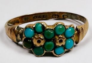 A 15ct yellow gold Victorian dress ring, set with 12 x round turquoise stones in a double cluster