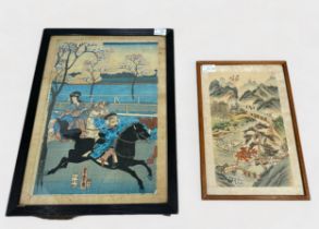 Yoshitora Utagawa. (19th Century Japanese), Coloured woodblock print of figures racing on horseback,