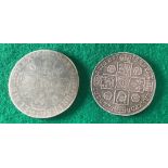 Two silver coins – a George II 1745 halfcrown in about vf/good vf and a Charles II crown, which