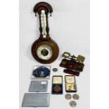 Various collectables including a set of brass postal scales with four weights, walnut-cased