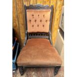 An Edwardian stained walnut open chair, with velour button-back and stuffed seat with frilled