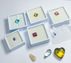Various loose gemstones, including tanzanite, pariah topaz, and amethysts, etc.