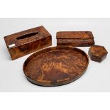 A small collection of assorted burr walnut items including an oval tray, a pen stand with storage