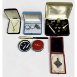 Assorted costume jewellery, including tie-pins, tie-slides, white metal Naval crown brooch, a
