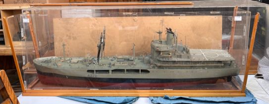 A detailed painted scale wooden display model of the Royal Navy Blue Rover Class Tanker A270,