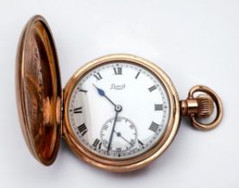 A gold plated full hunter 1920's pocket watch by Limit, Stem winding movement, approximately 50mm in