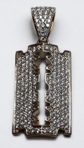 A 9ct yellow gold razor blade pendant, pave set with round brilliant cut diamonds, estimated total