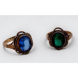 Two 9ct yellow gold dress rings, one set with a blue faceted oval-shaped stone, the other with a