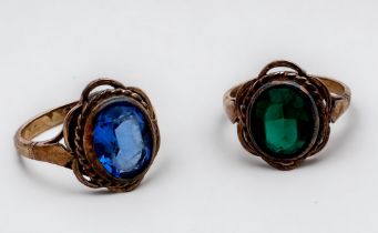 Two 9ct yellow gold dress rings, one set with a blue faceted oval-shaped stone, the other with a