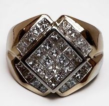 A 14ct yellow gold gents dress ring, invisible set with 2.00cts of princess cut diamonds, I in