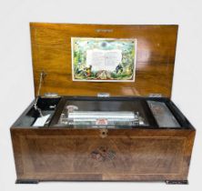 A large late 19th century Swiss walnut music box, by B.H. Abrahams, Ste Croix, Switzerland, with