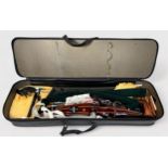 A Border Archery MKII Super Mirage inlaid wooden bow, housed in leather carry case, together with,