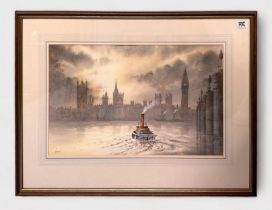 David J. Headon. The Houses oif Parliment from The Thames with tugboat, signed, watercolour on