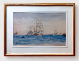William Lionel Wyllie RA (1851-1931), Trafalgar Day, Oct 21st 1905, Portsmouth Harbour with iron