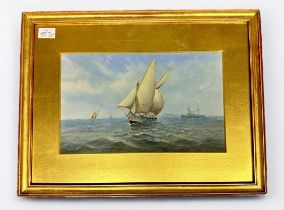 Maltese School, early 20th century, sailing boat with figures and iron battleship and Malta in the