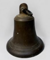 A Cast bronze ship's bell with clapper and iron suspension loop, 27cm high