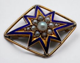 A 9ct gold seed pearl and blue enamel star brooch, weighs 4.2 grams.